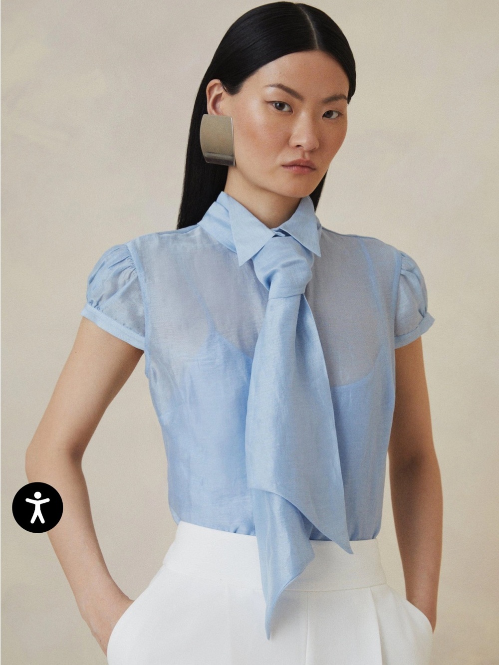 Light Blue Organza Woven Tie-Neck Short Sleeve Blouse. Worn once.